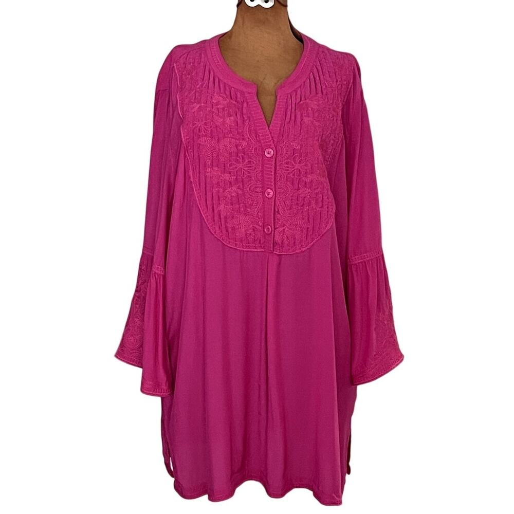 John Mark Sz XL Grid Peasant Tunic Top Pink Embroidered Lagenlook Breezy Boho